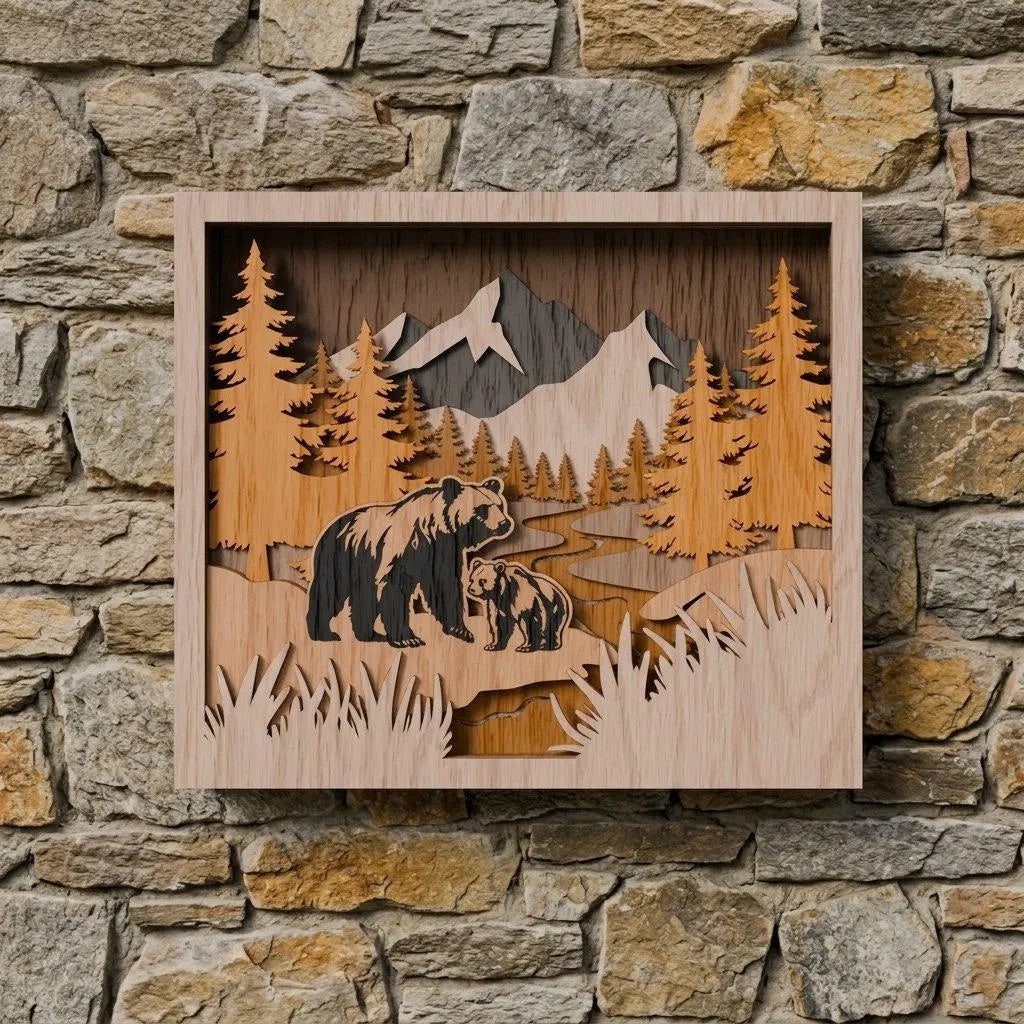 Bear Family Mountain Scene 3D Layered SVG, Multilayer Shadow Box Laser Cut File, Forest Wildlife Wall Art, Glowforge Cricut