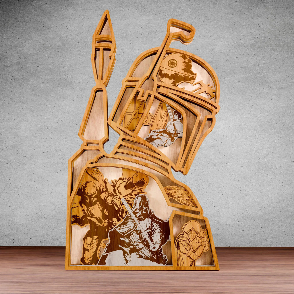 Bounty Hunter Helmet Multilayer Laser Cut SVG, Sci-Fi Space Warrior Battle 3D Layered Wood Art, Glowforge Galaxy Decor Digital Download
