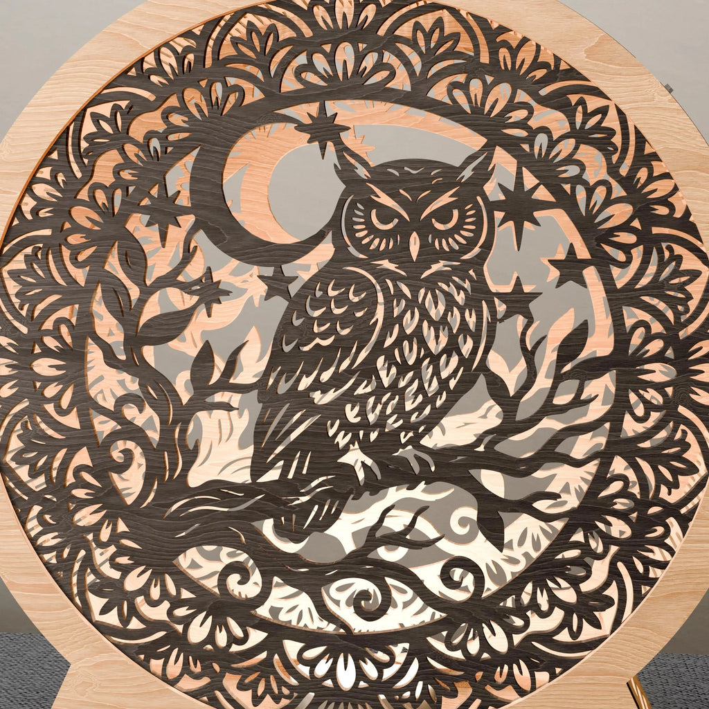 Owl Moon Mandala Multilayer SVG Laser Cut File, 3D Layered Night Lamp DXF, Bohemian Owl Wall Art Digital Download