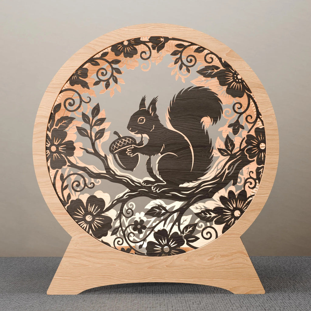 Squirrel Light Box SVG Laser Cut Files, 3D Round Wooden Night Lamp, Floral Forest Animal Shadow Box Digital Download for Glowforge