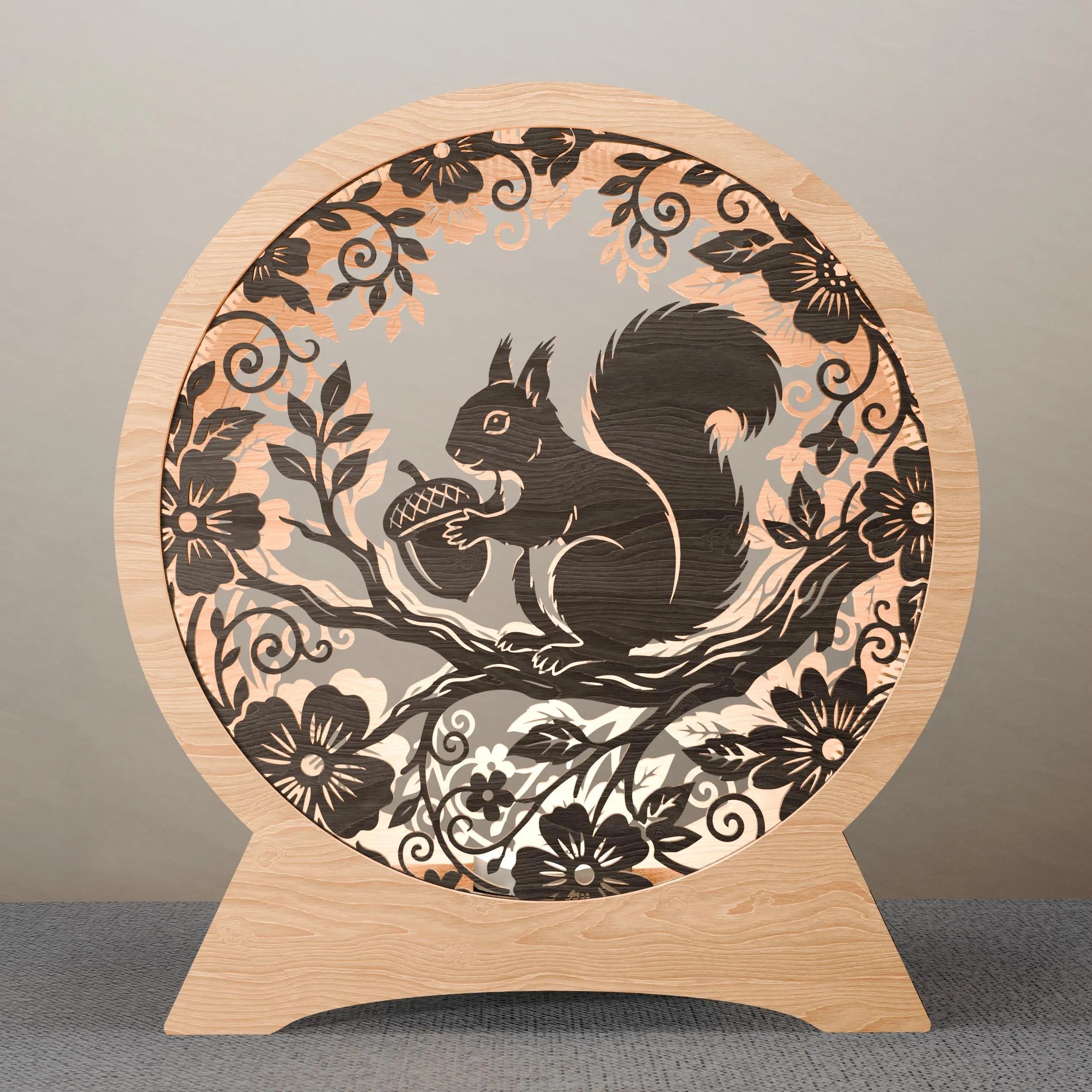 Squirrel Light Box SVG Laser Cut Files, 3D Round Wooden Night Lamp, Floral Forest Animal Shadow Box Digital Download for Glowforge