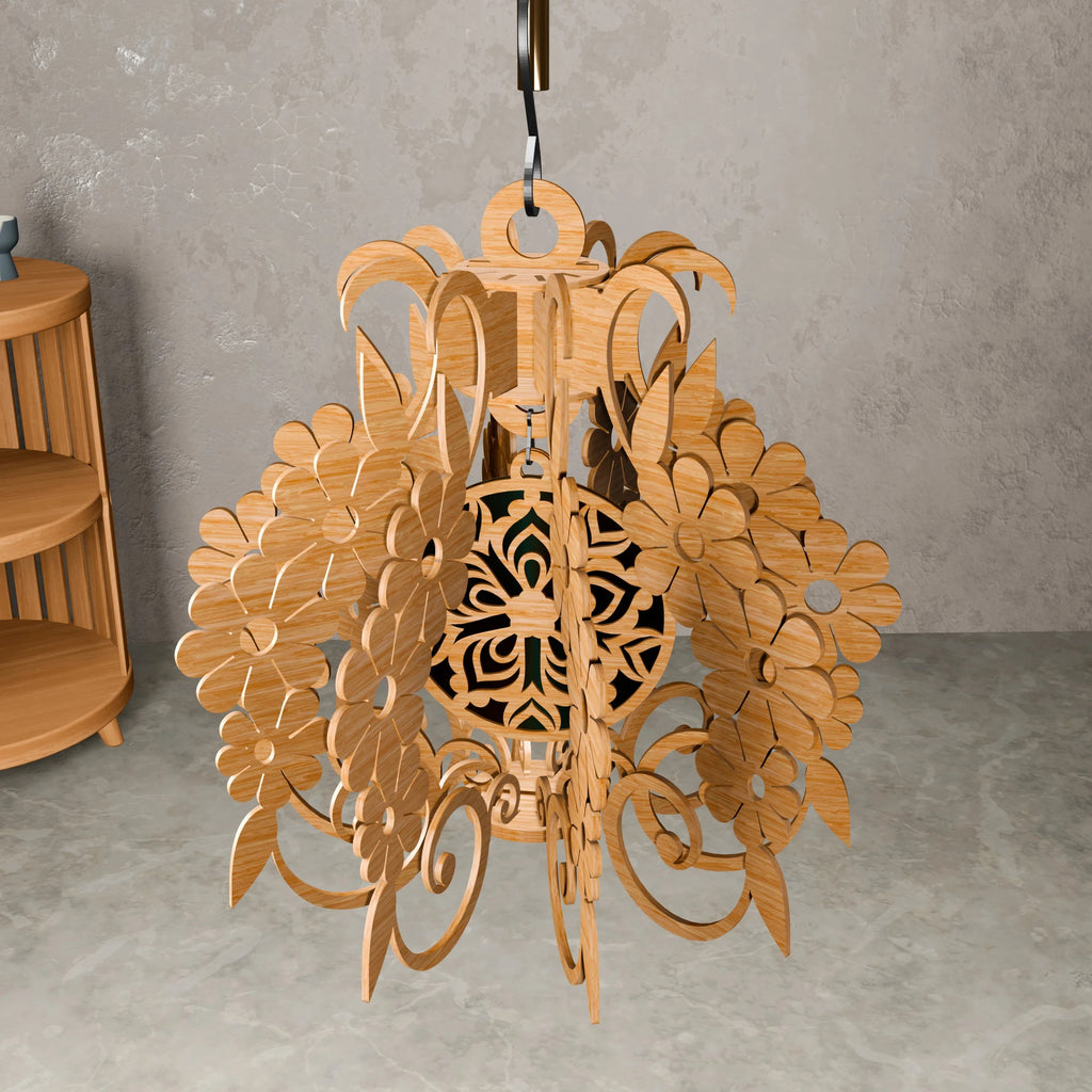 Floral Pendant Lamp Laser Cut Files, Bohemian Wooden Chandelier SVG DXF, Hanging Flower Light Shade Digital Download for CNC Glowforge