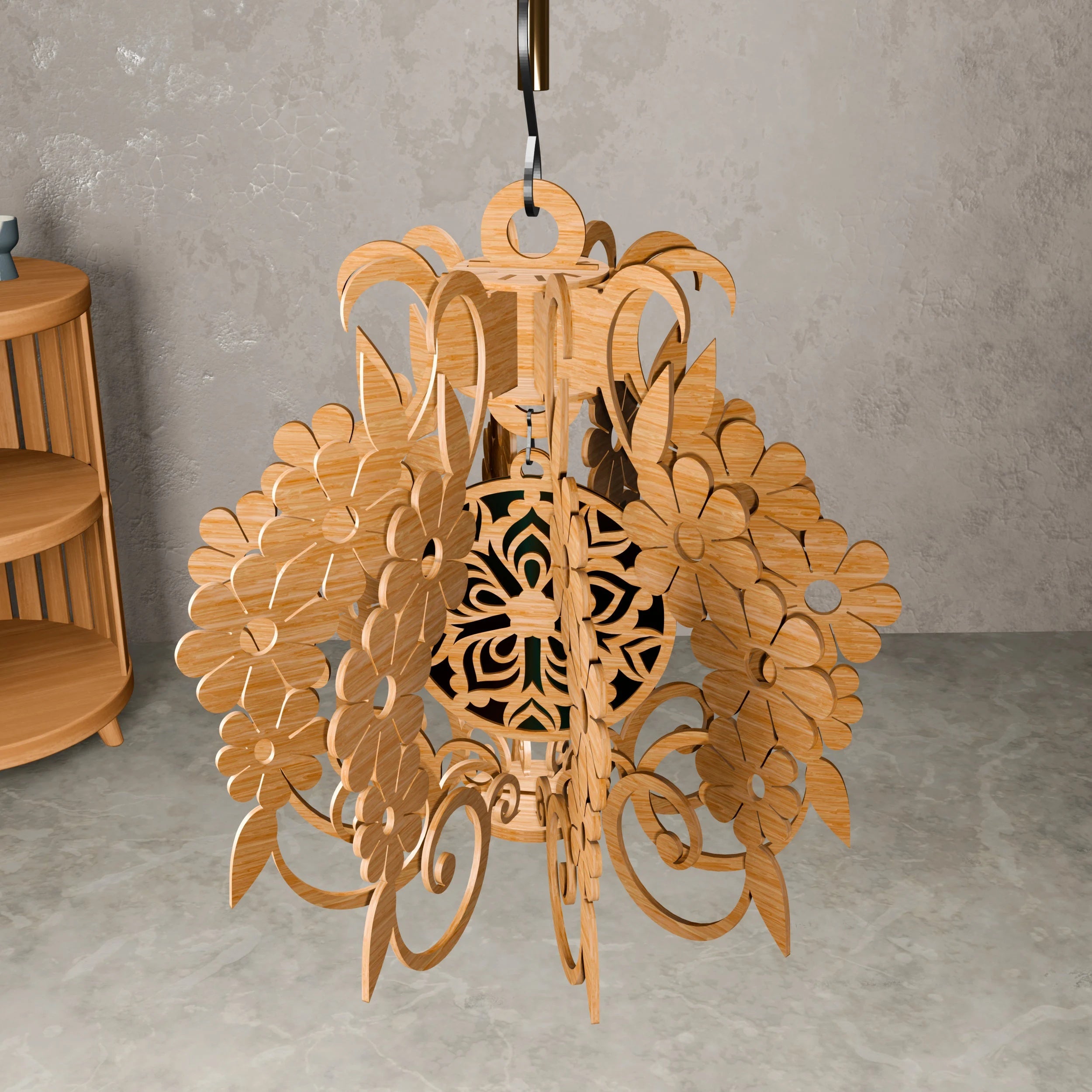Floral Pendant Lamp Laser Cut Files, Bohemian Wooden Chandelier SVG DXF, Hanging Flower Light Shade Digital Download for CNC Glowforge