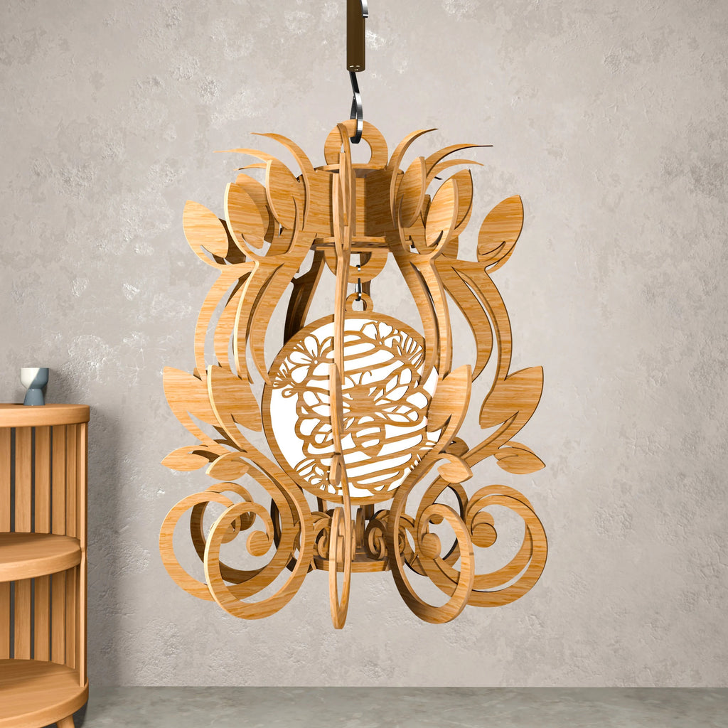 Bee Honeycomb Floral Pendant Lamp Laser Cut Files SVG DXF CDR Digital Download Wooden Chandelier Vector Plans for CNC