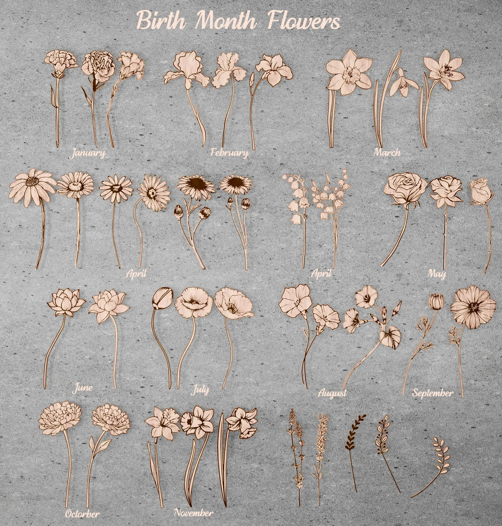 Birth Month Flower Bouquet SVG Bundle, Laser Cut Wooden Vase with Flowers, Glowforge Files, 12 Birth Flowers Digital Download