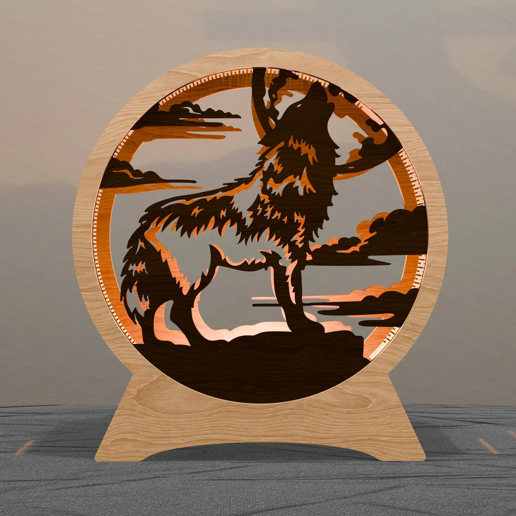 Howling Wolf Multilayer 3D SVG Laser Cut File, Round Wolf Moon Night Light Lamp, Glowforge Cricut Digital Download