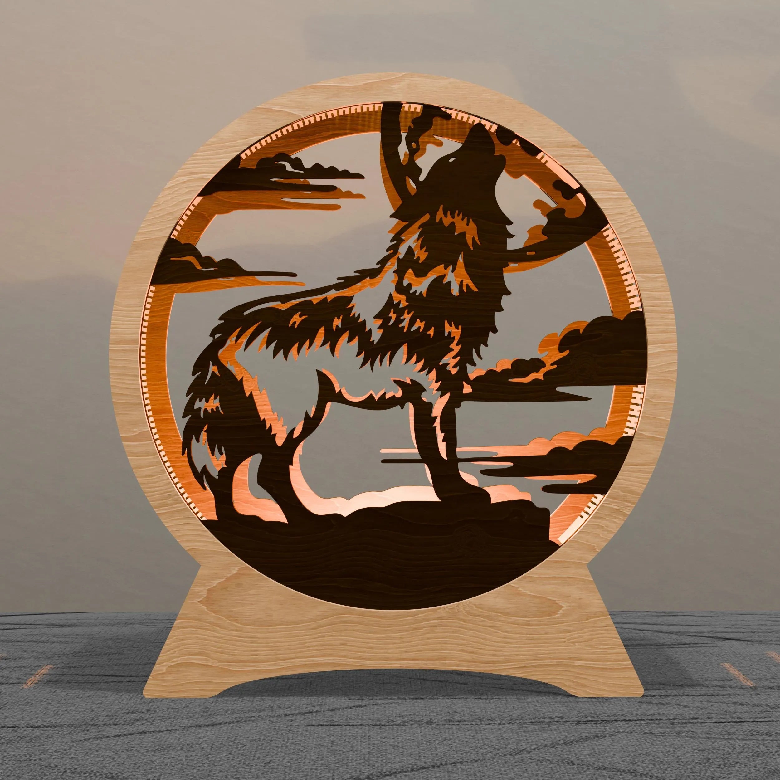 Howling Wolf Multilayer 3D SVG Laser Cut File, Round Wolf Moon Night Light Lamp, Glowforge Cricut Digital Download