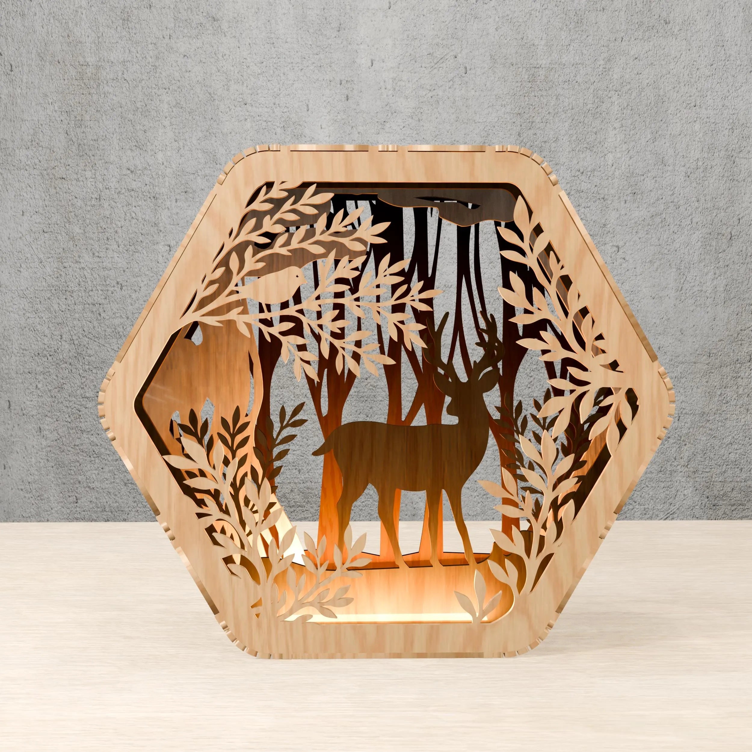 Hexagon Deer Forest Multilayer Laser Cut Files SVG, 3D Wooden Lantern Light Box Digital Download, CNC Glowforge Vector Pattern