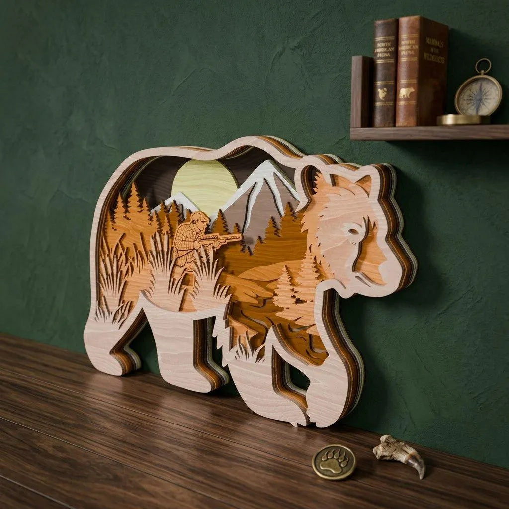 Bear Hunter Multilayer SVG Laser Cut File, 3D Layered Bear Hunting Scene, Glowforge Wood Wall Art, Cabin Decor Digital Download