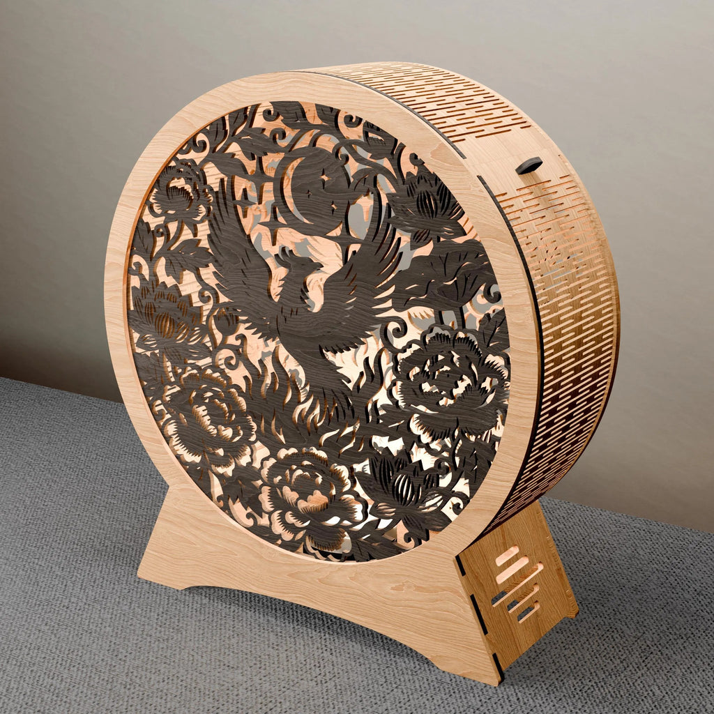 Phoenix Lamp SVG Laser Cut Files, Multilayer Mandala Night Light, Peony Lotus Moon 3D Wood Lantern Digital Download for Glowforge
