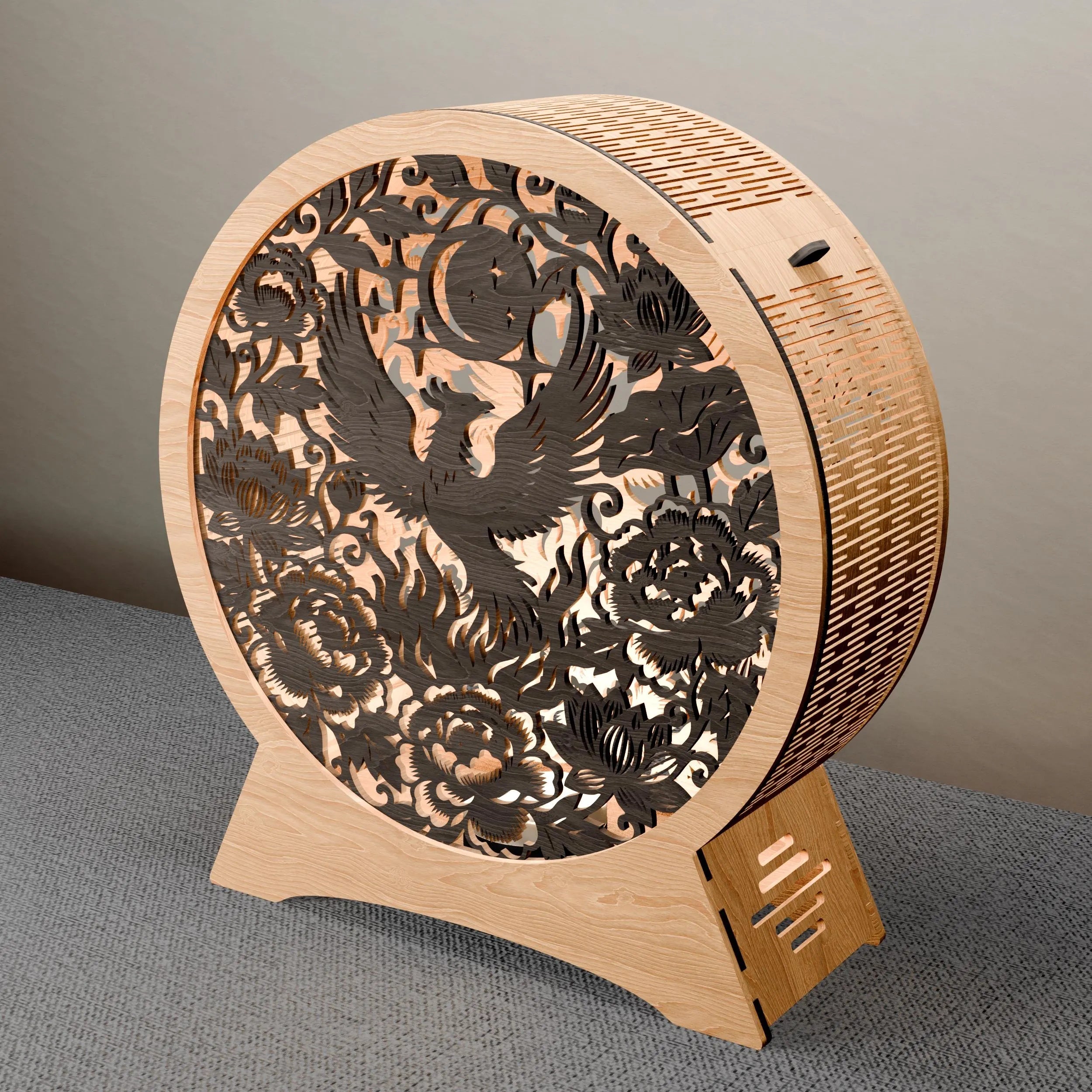 Phoenix Lamp SVG Laser Cut Files, Multilayer Mandala Night Light, Peony Lotus Moon 3D Wood Lantern Digital Download for Glowforge