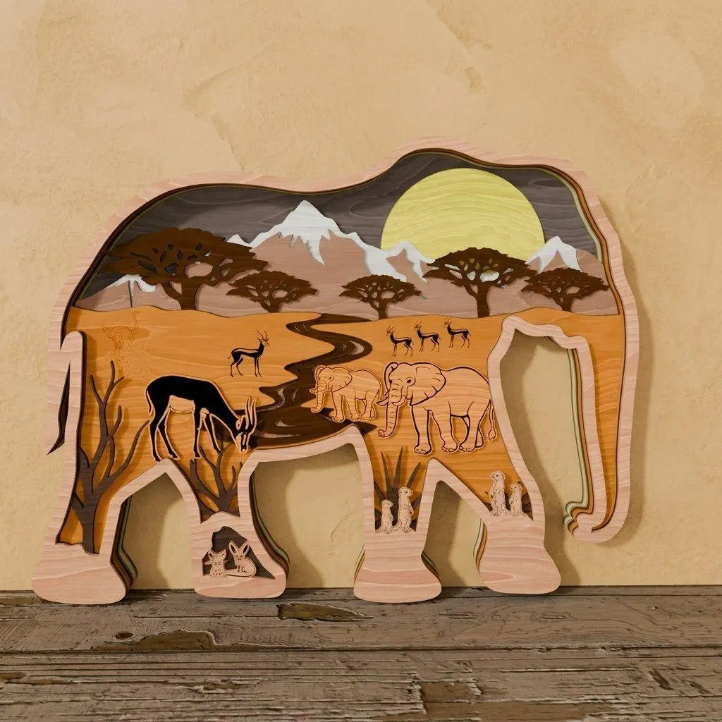 Elephant Safari Multilayer SVG Bundle, 3D Layered Mandala Laser Cut File, Africa Savanna Wildlife Scene DXF for Glowforge