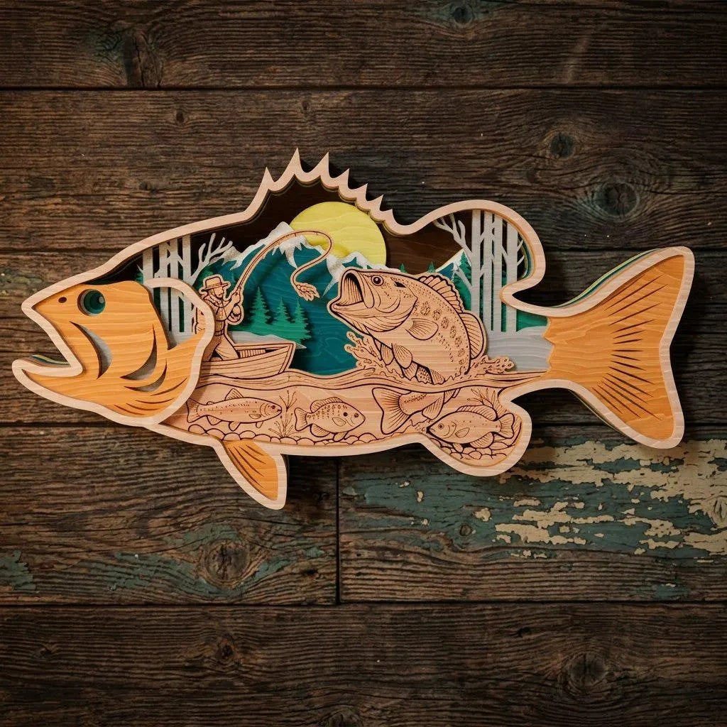 Bass Fishing Multilayer 3D SVG Laser Cut File, Largemouth Bass Fisherman Lake Scene Wall Art, Glowforge Cricut Digital Download