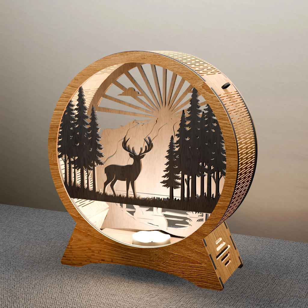 Deer Forest Light Box SVG Laser Cut Files, 3D Layered Stag Sunrise Lamp, Glowforge Wood Night Light Digital Download