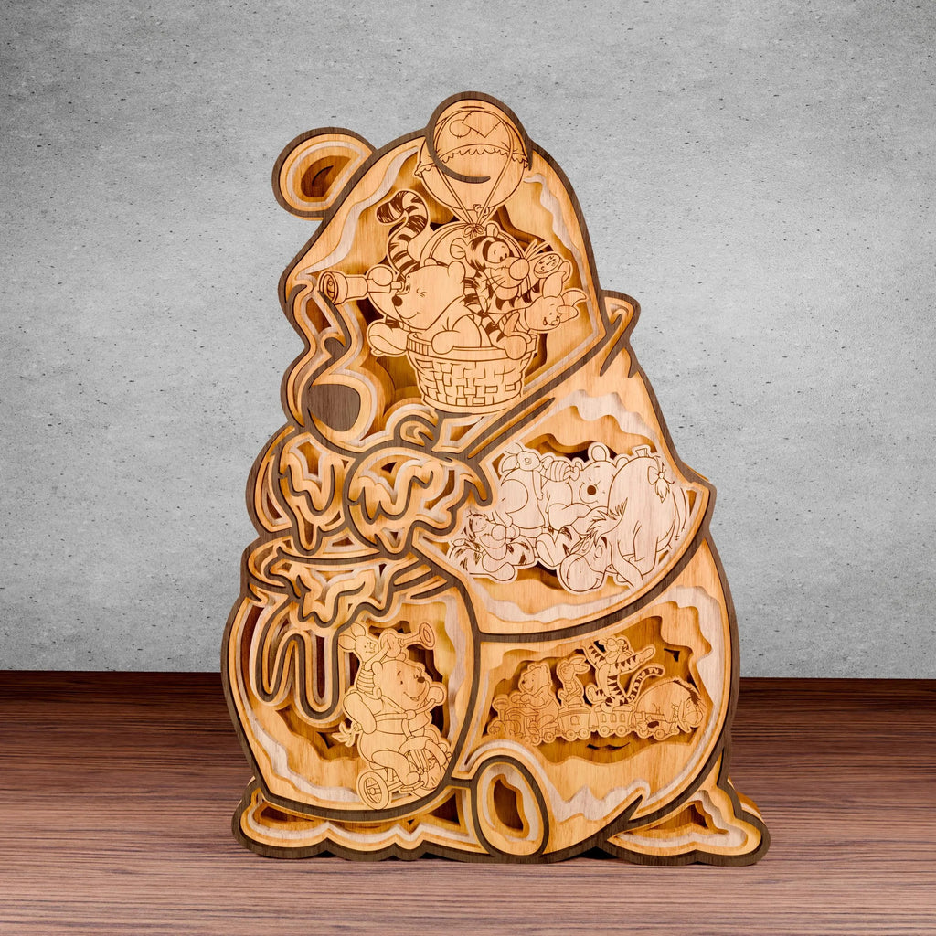Honey Pot Bear Multilayer Laser Cut SVG, Cute Bear Tiger Piglet & Friends 3D Layered Wood Art, Glowforge Nursery Decor Digital Download