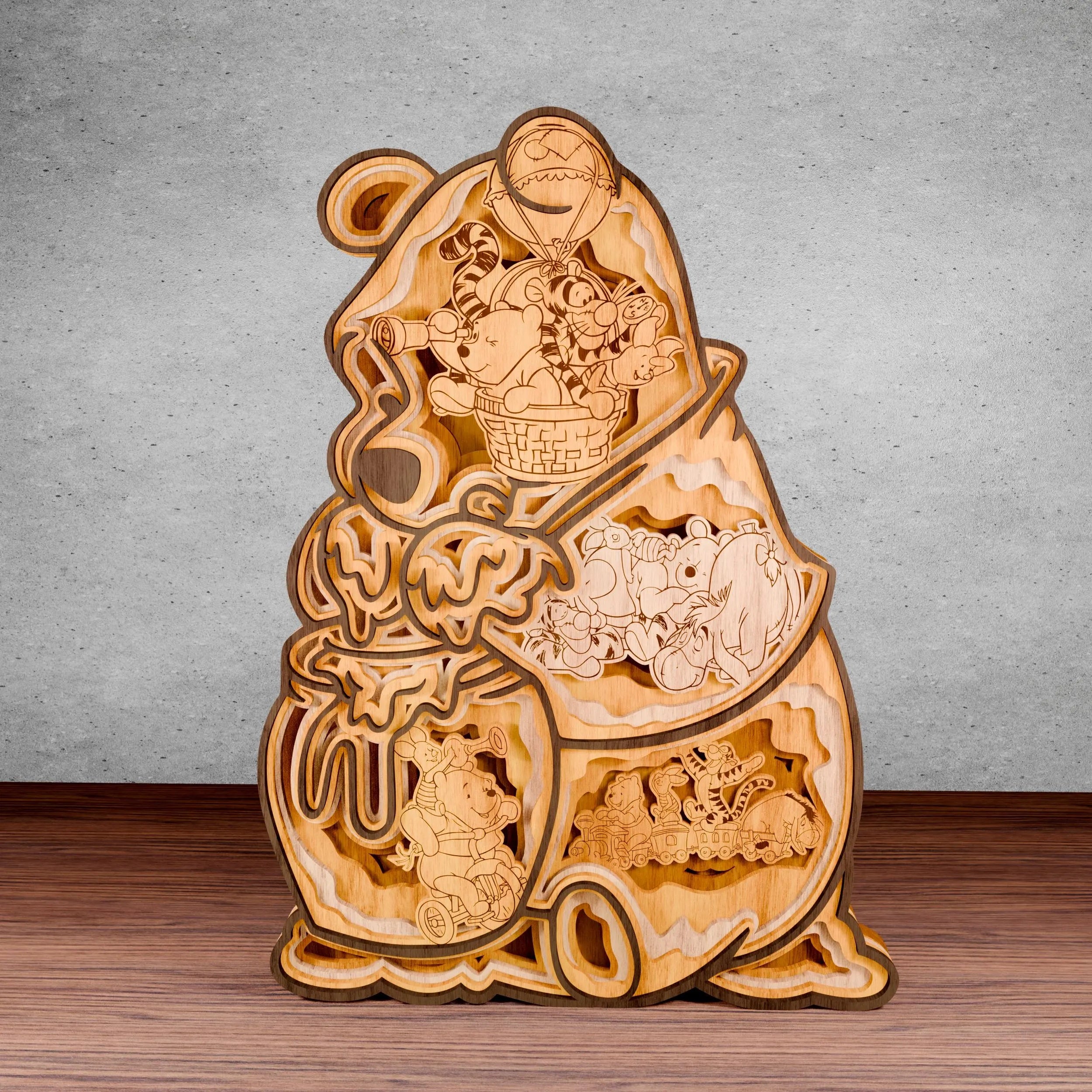 Honey Pot Bear Multilayer Laser Cut SVG, Cute Bear Tiger Piglet & Friends 3D Layered Wood Art, Glowforge Nursery Decor Digital Download