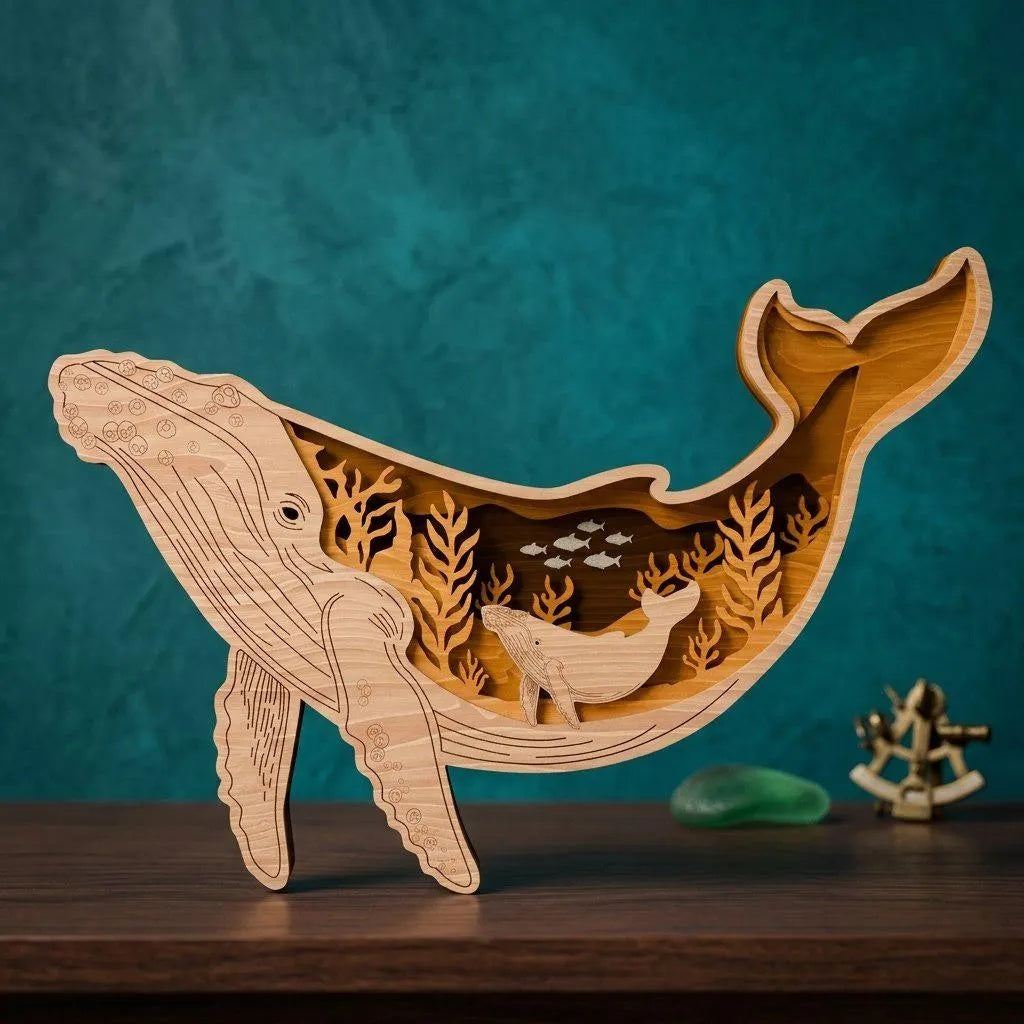 Humpback Whale Multilayer SVG Laser Cut File, 3D Ocean Shadow Box Digital Download, Mother Baby Whale Wall Art DXF CDR
