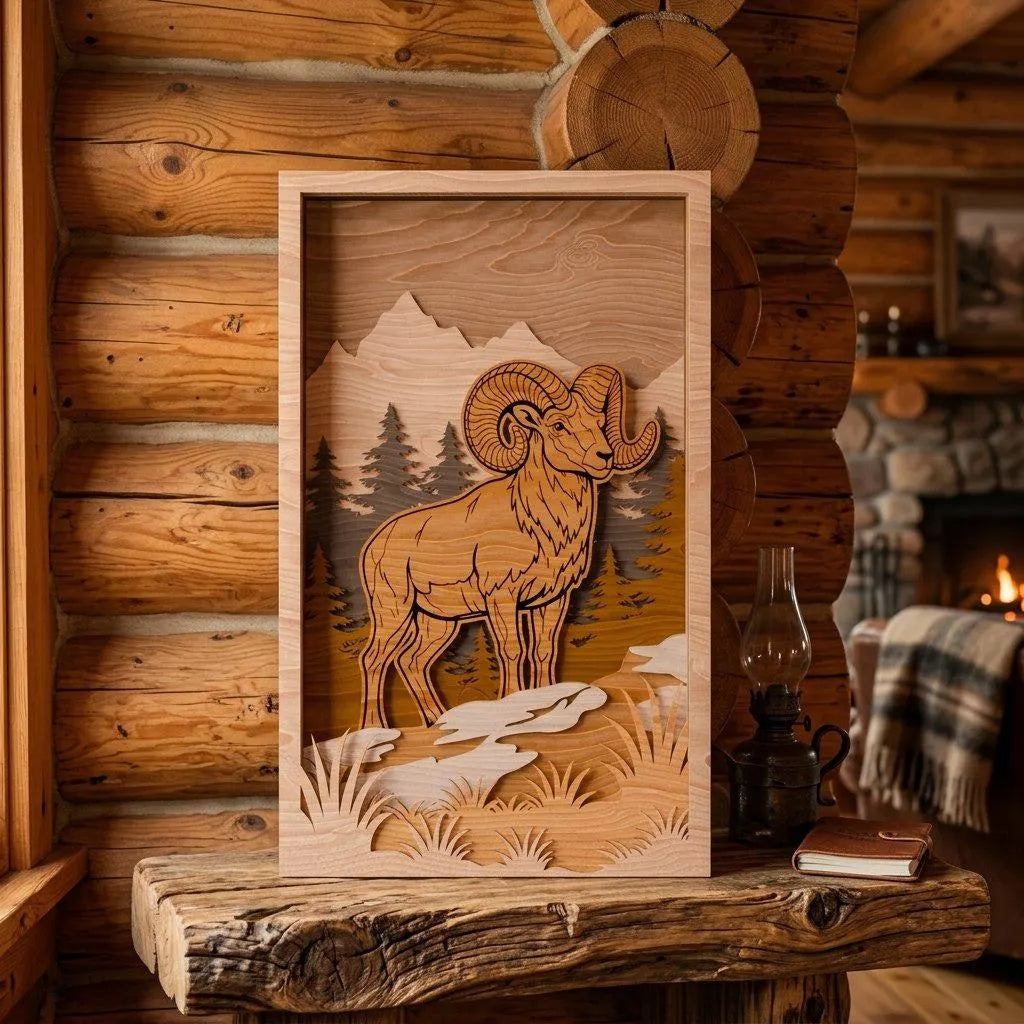 Bighorn Ram Multilayer SVG Laser Cut File, 3D Layered Mountain Wildlife Shadow Box, Glowforge Wall Art Digital Download