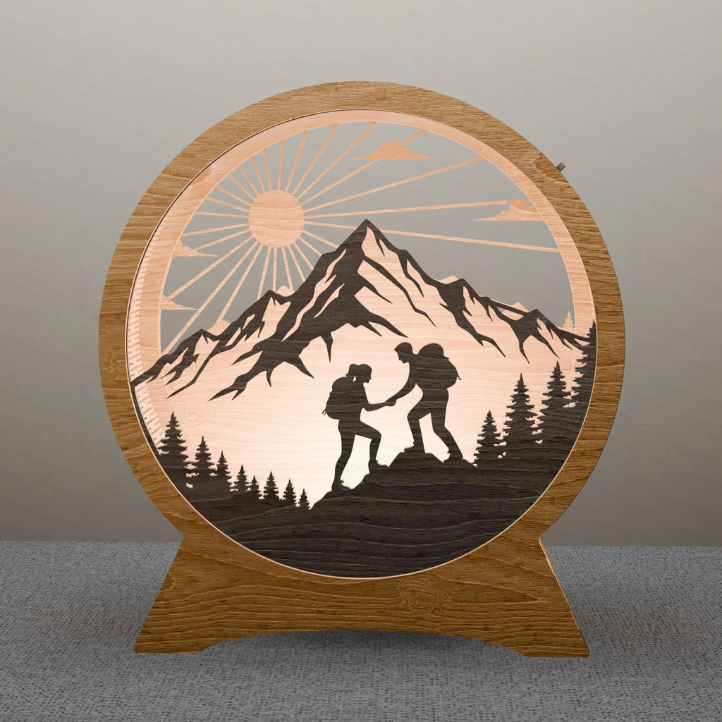 Hiking Couple Mountain Sunrise 3D Layered Lamp SVG Laser Cut File, Round Night Light Digital Download, Adventure Wood Lamp Vector