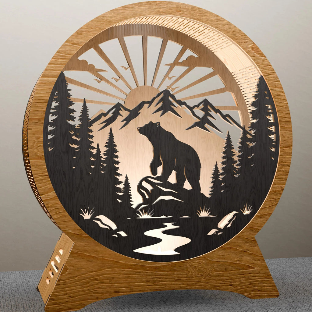 Bear Mountain Sunrise Round Lamp SVG Laser Cut Files, 3D Layered Wildlife Night Light DXF, Glowforge Wood Lamp Template