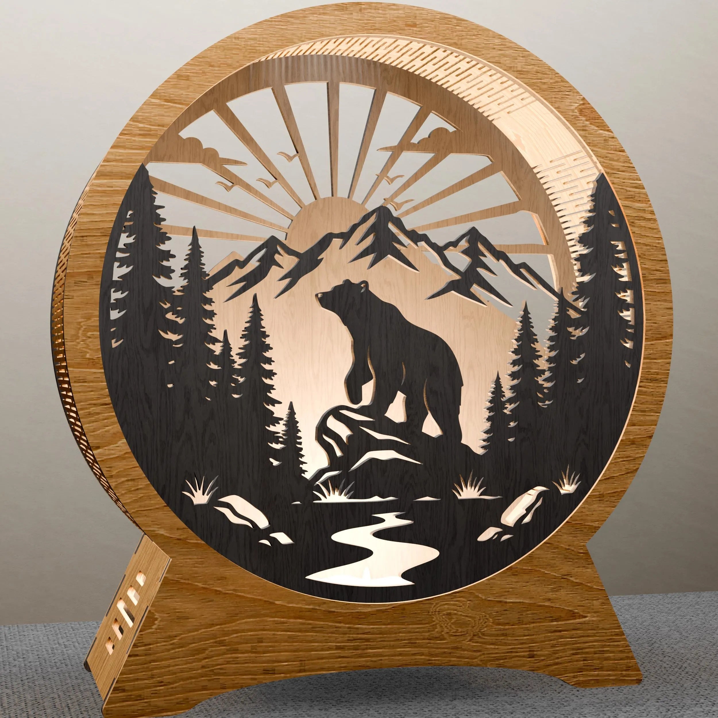 Bear Mountain Sunrise Round Lamp SVG Laser Cut Files, 3D Layered Wildlife Night Light DXF, Glowforge Wood Lamp Template