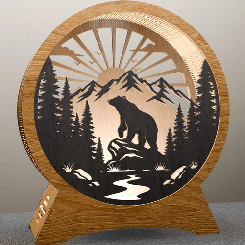 Bear Mountain Sunrise Round Lamp SVG Laser Cut Files, 3D Layered Wildlife Night Light DXF, Glowforge Wood Lamp Template