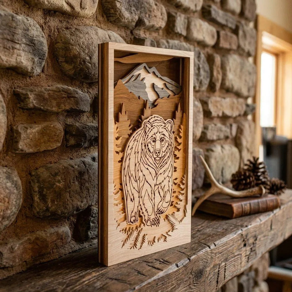3D Bear Mountain Shadow Box SVG, Layered Grizzly Wall Art Laser Cut File, Cabin Wildlife Multilayer Glowforge Cricut Digital Download