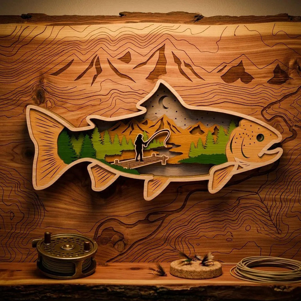Fly Fishing Trout 3D Multilayer SVG Laser Cut File, Fisherman Mountain Scene Wood Wall Art Digital Download for Glowforge