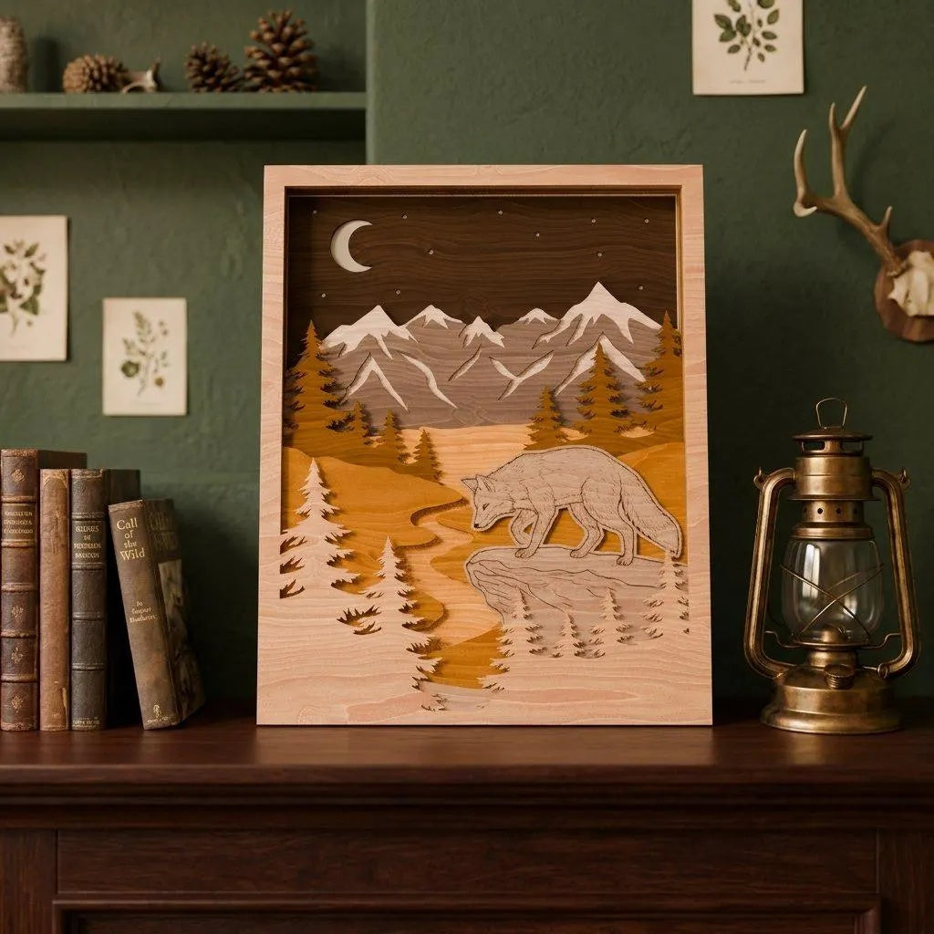 Fox Mountain Shadow Box SVG, 3D Layered Wolf Forest Laser Cut File, Multilayer Wood Wall Art, Glowforge Cricut Digital Download