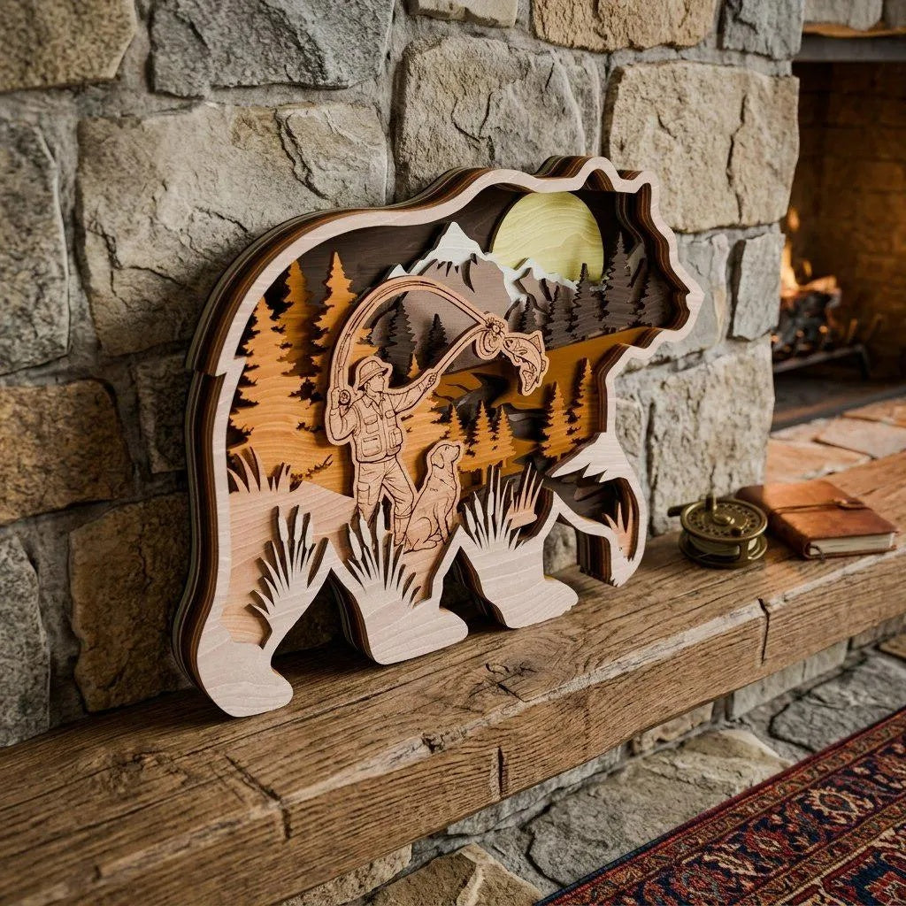 Bear Fly Fishing SVG Laser Cut File, 3D Multilayer Bear Fisherman Mountain Scene, Glowforge Wood Wall Art Cnc Cricut