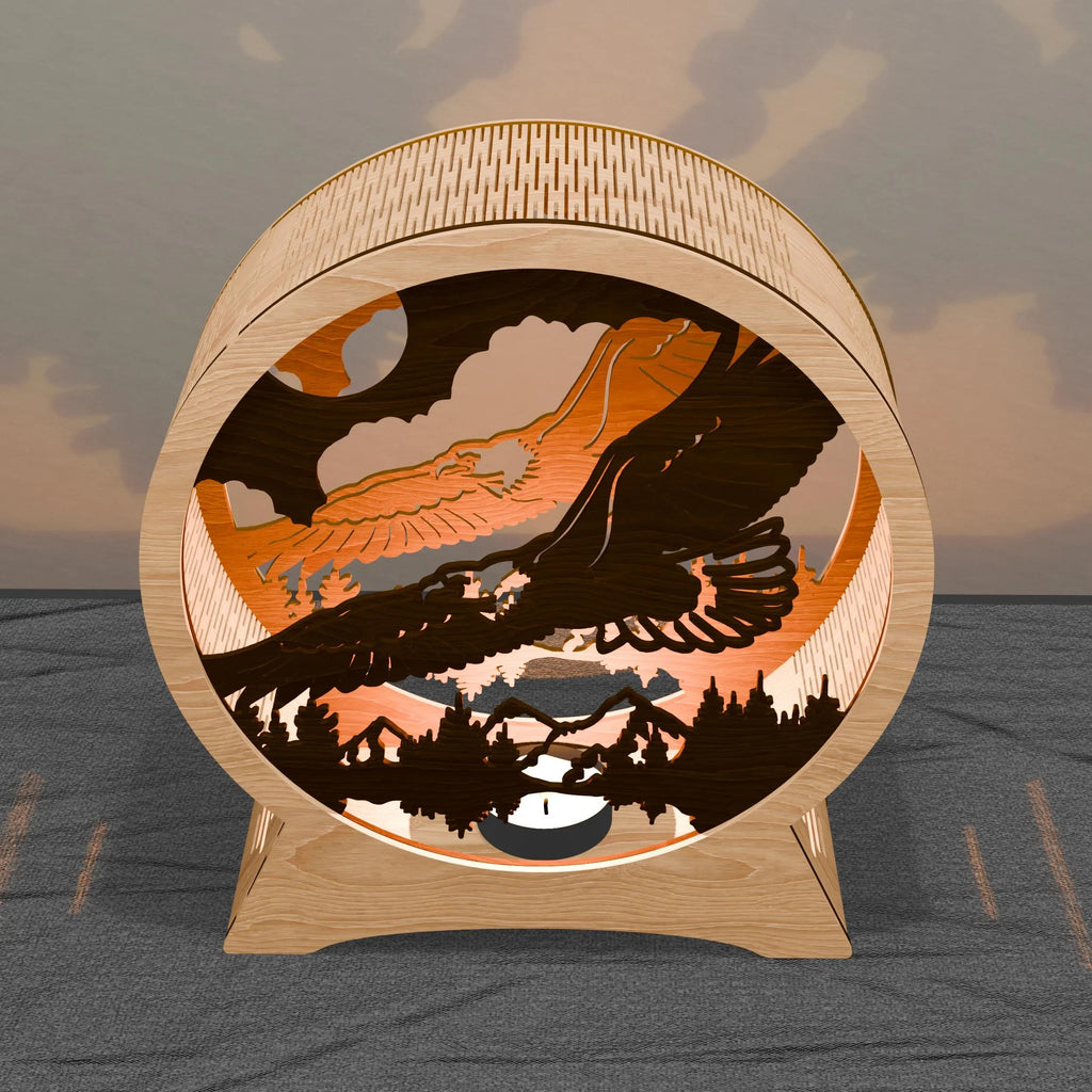 Eagle Mountain Multilayer 3D SVG Laser Cut File, Round Tealight Lantern Shadow Box, Bald Eagle Wildlife Light Box Digital Download