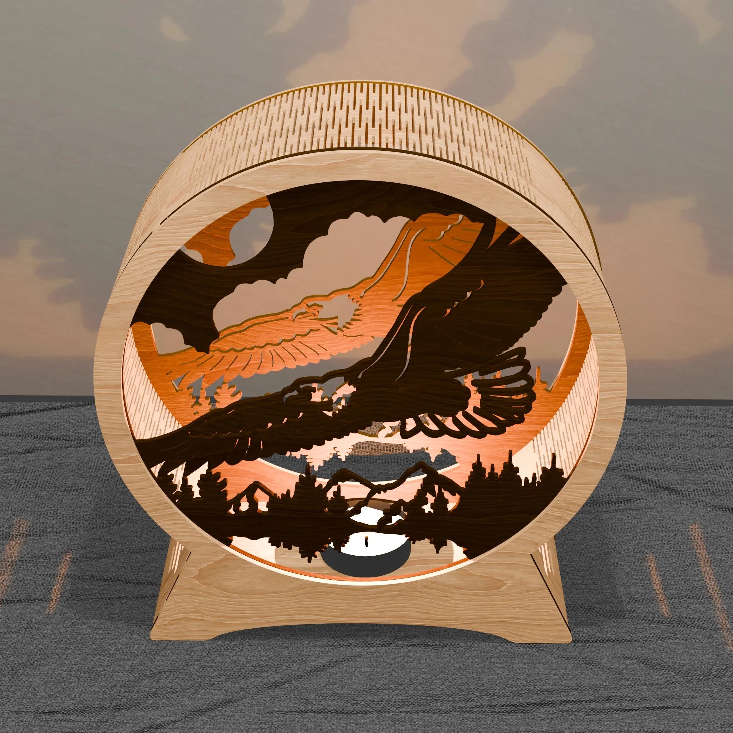 Eagle Mountain Multilayer 3D SVG Laser Cut File, Round Tealight Lantern Shadow Box, Bald Eagle Wildlife Light Box Digital Download