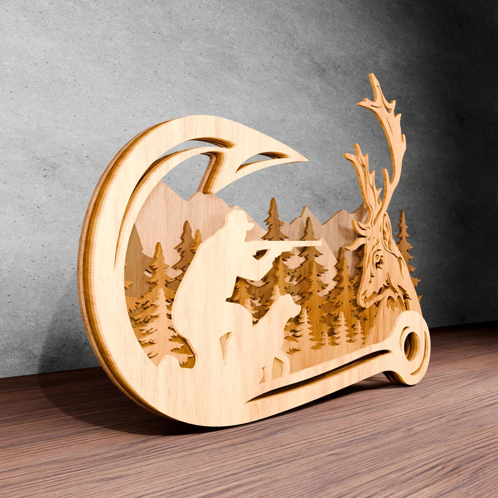 Deer Hunter Fishing Hook Multilayer SVG Laser Cut File, 3D Hunting Scene Wood Cut Pattern, Buck Forest Mountain Digital Download
