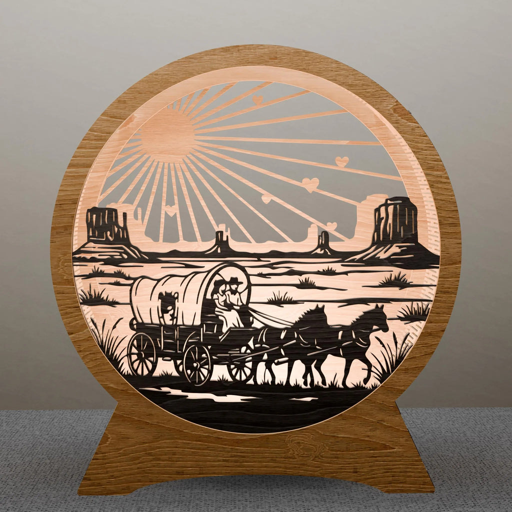 Western Covered Wagon Laser Cut SVG, Pioneer Sunset 3D Layered Light Box Digital File, Monument Valley Lamp Glowforge
