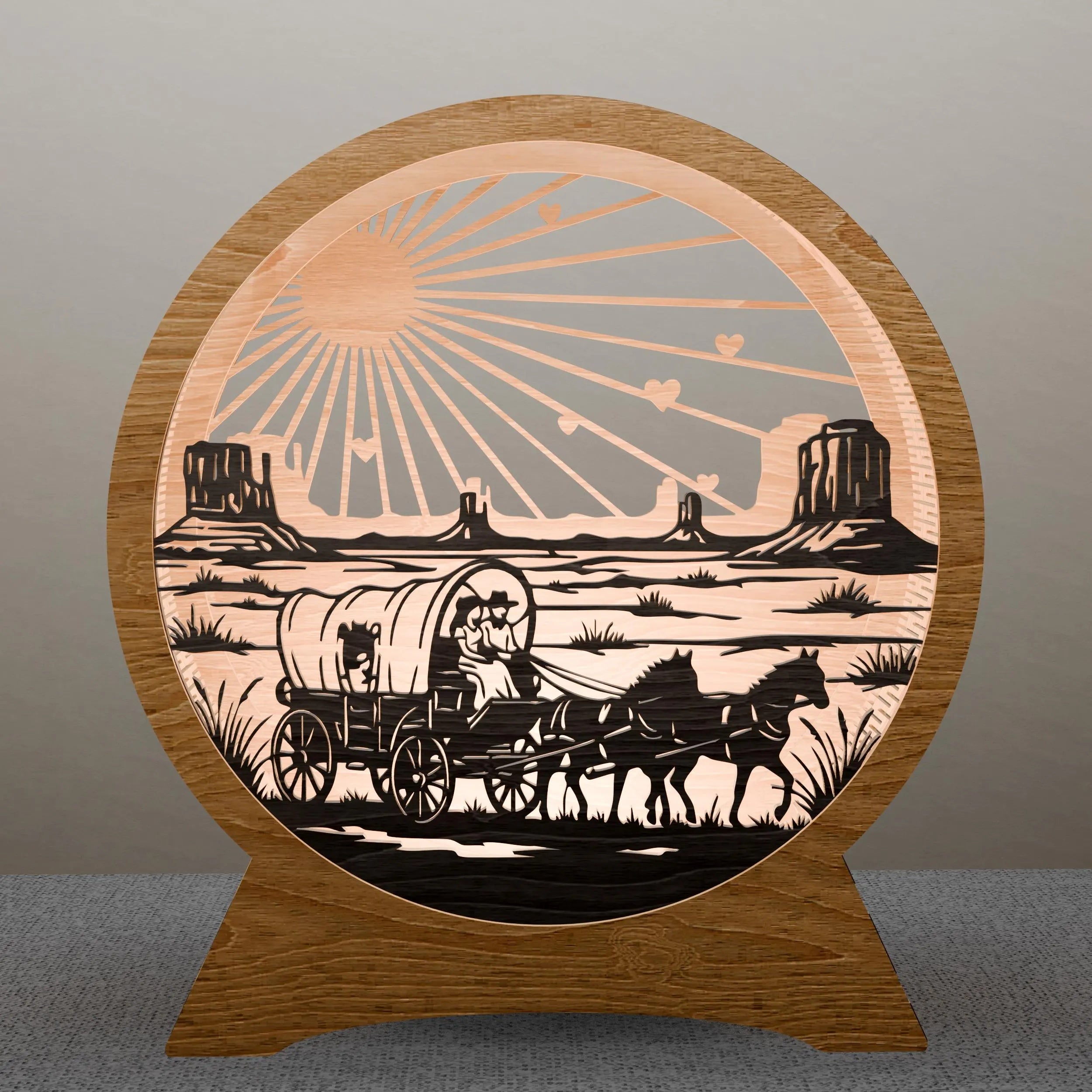 Western Covered Wagon Laser Cut SVG, Pioneer Sunset 3D Layered Light Box Digital File, Monument Valley Lamp Glowforge