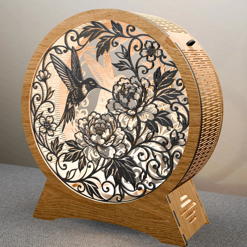 Hummingbird Peony Round Lamp SVG Laser Cut File, 3D Layered Floral Night Light, Glowforge Cricut Wood Lantern Digital Download