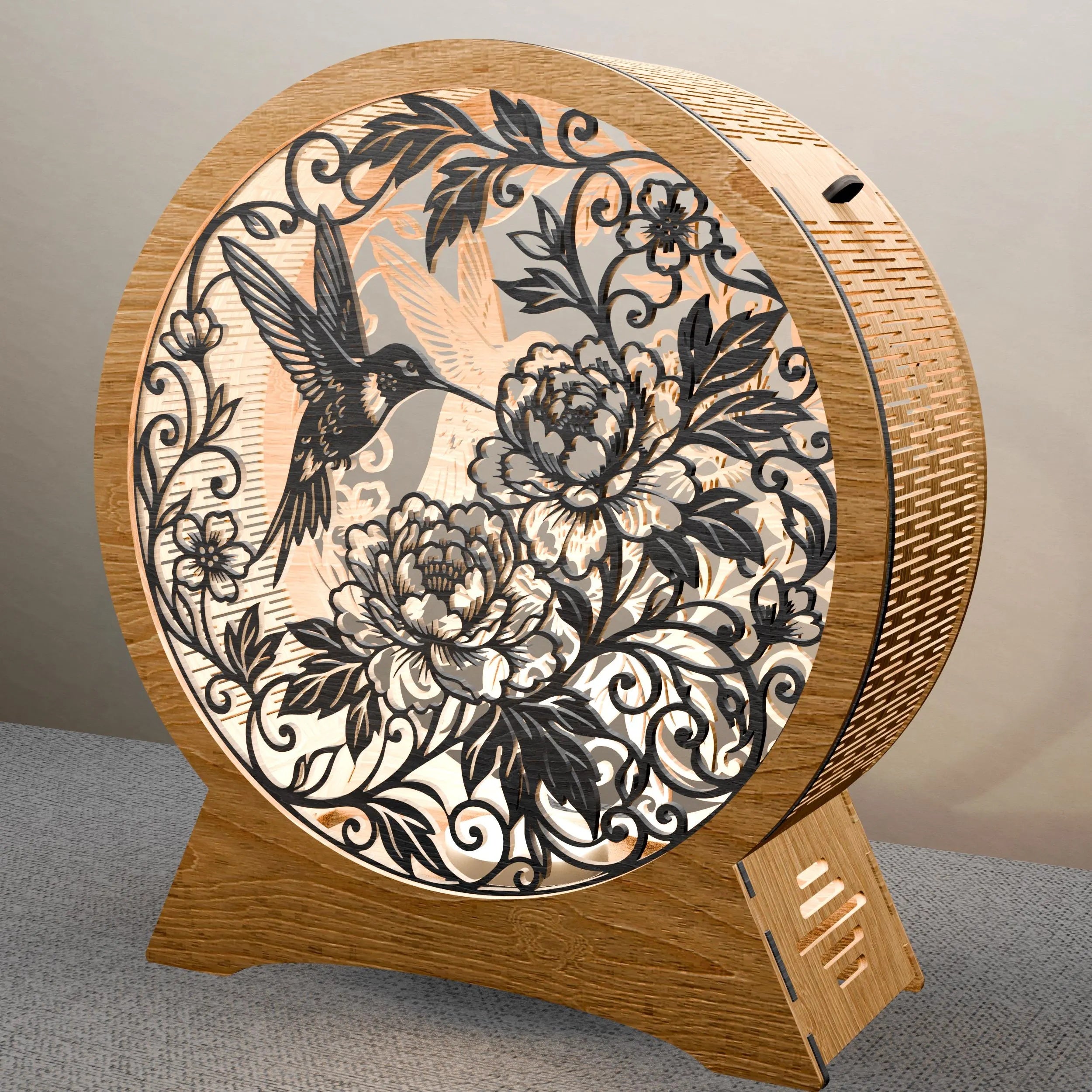 Hummingbird Peony Round Lamp SVG Laser Cut File, 3D Layered Floral Night Light, Glowforge Cricut Wood Lantern Digital Download