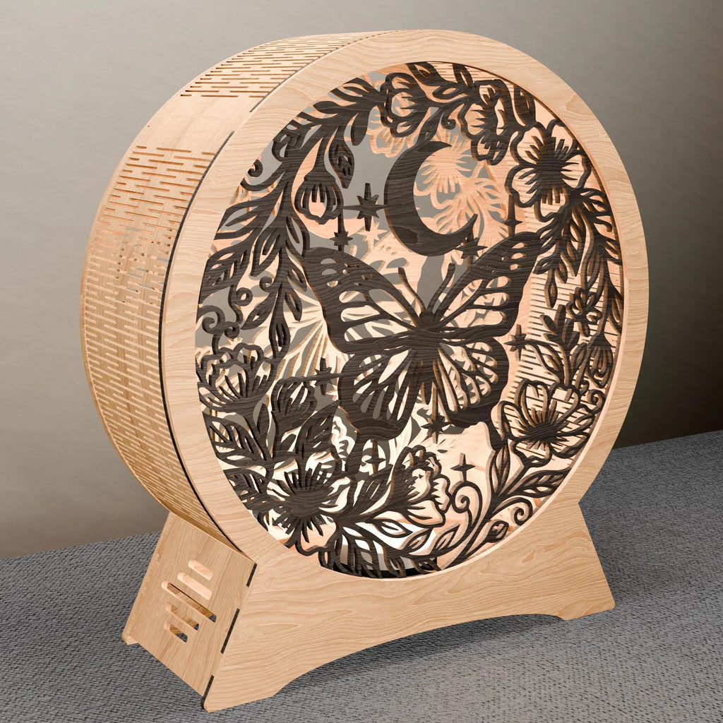 Butterfly Moon Lamp SVG Laser Cut File, Multilayer Mandala 3D Wooden Night Light, Floral Round Lamp Digital Download