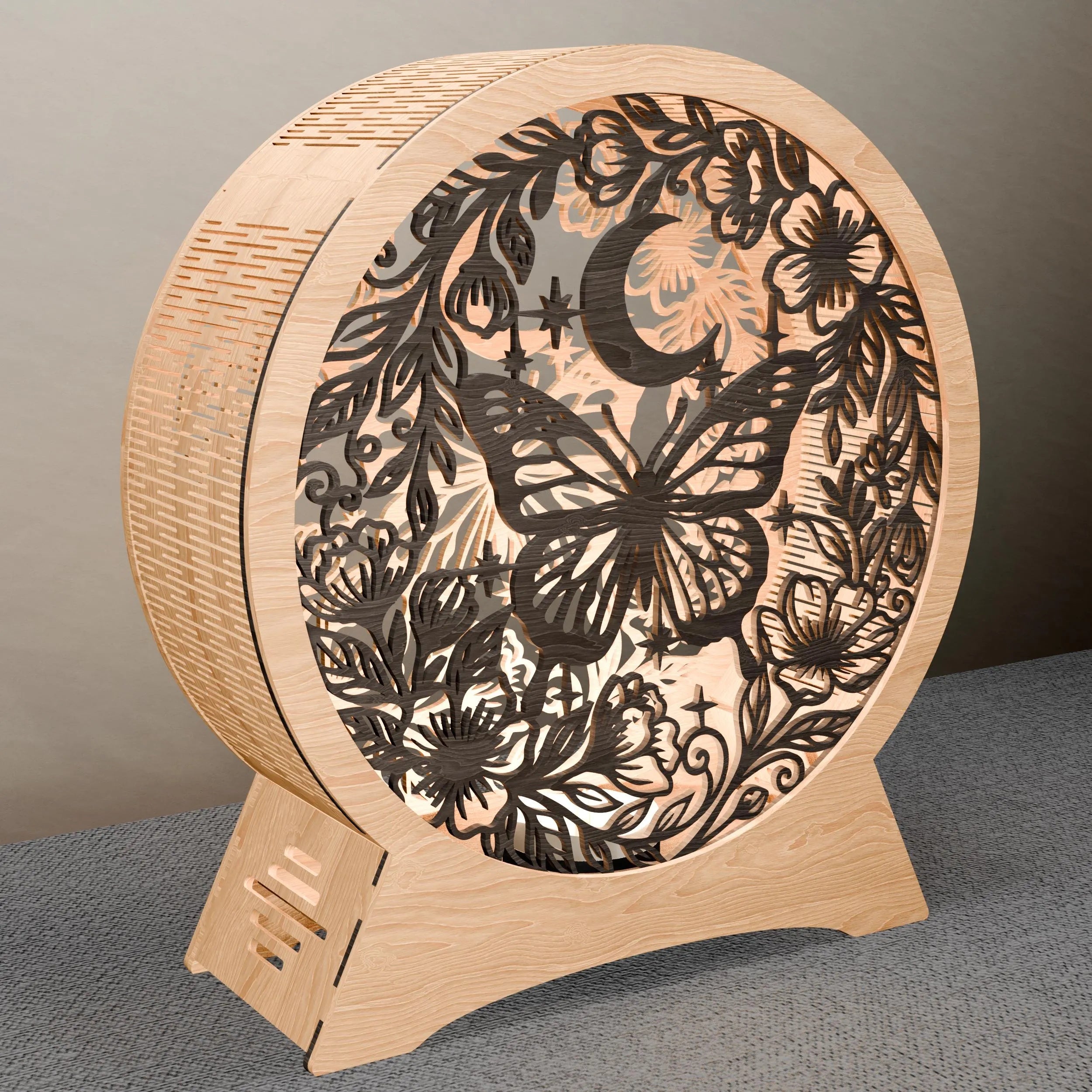 Butterfly Moon Lamp SVG Laser Cut File, Multilayer Mandala 3D Wooden Night Light, Floral Round Lamp Digital Download