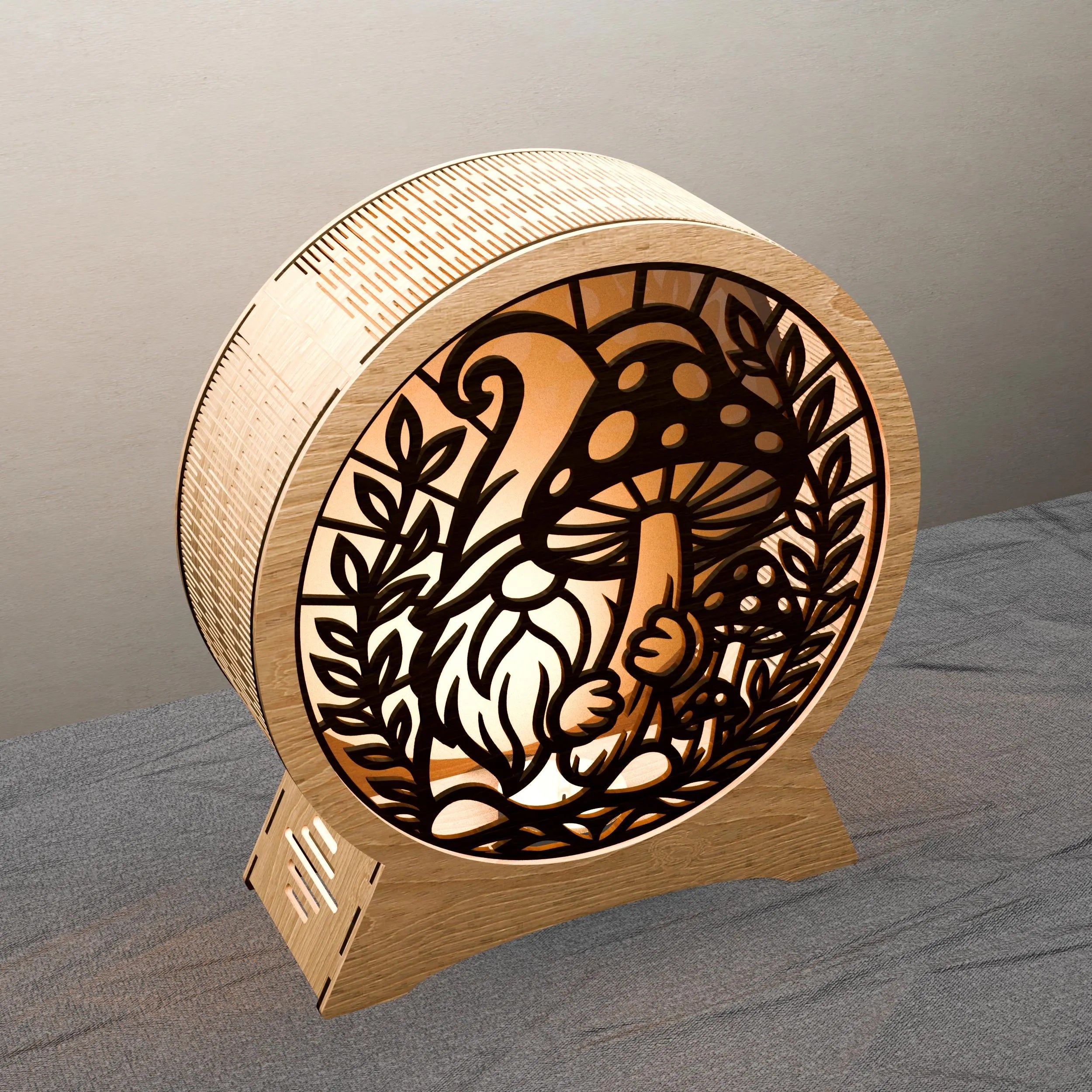 Gnome Mushroom Lantern Laser Cut File, 3D Round Wooden Night Light SVG, Multilayer Mandala Light Box Digital Download for Glowforge
