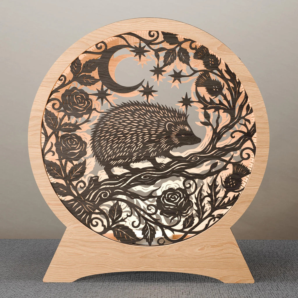 Hedgehog Moon Night Light Box SVG Laser Cut File, Multilayer 3D Mandala Lamp DXF, Layered Forest Animal Shadow Box Digital Download