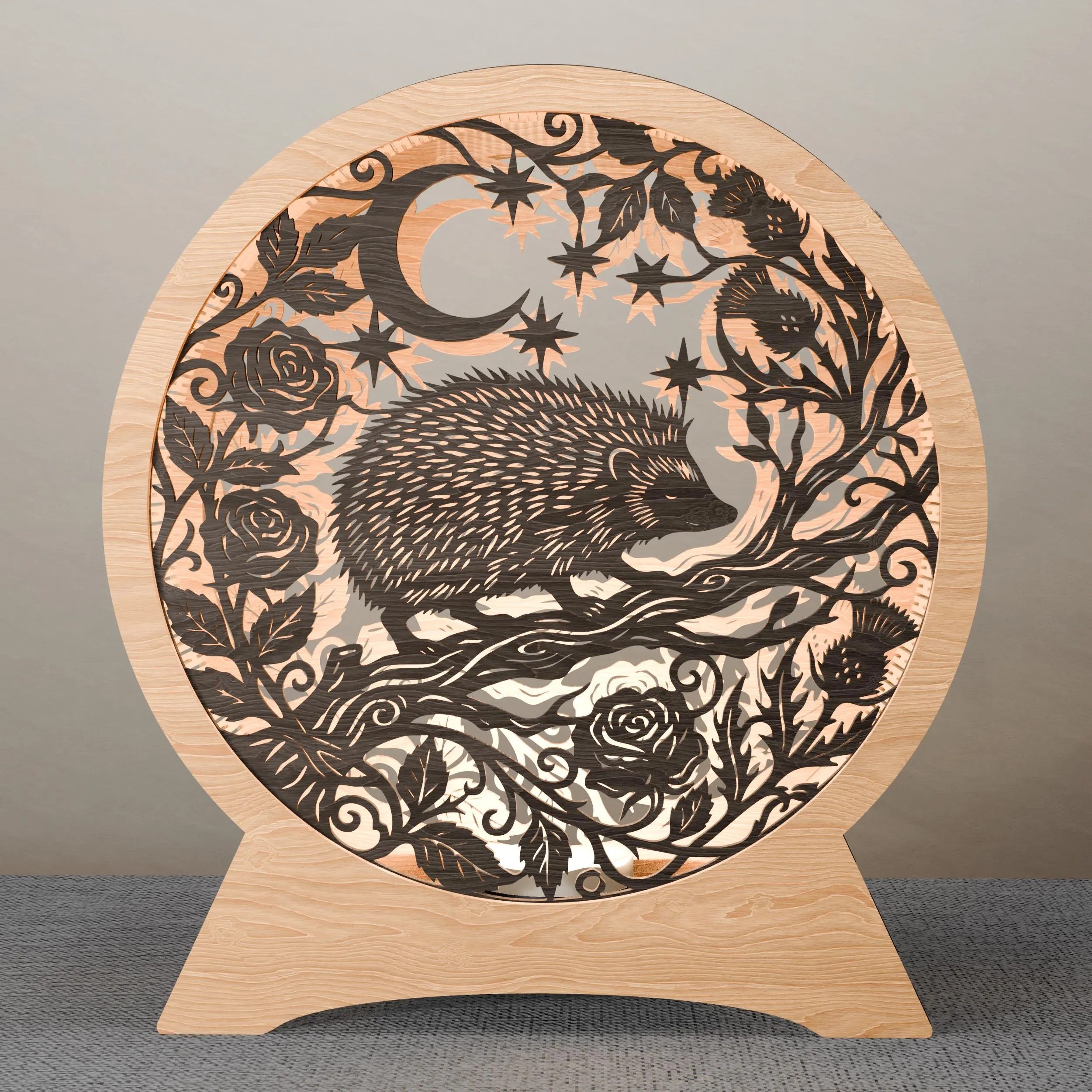 Hedgehog Moon Night Light Box SVG Laser Cut File, Multilayer 3D Mandala Lamp DXF, Layered Forest Animal Shadow Box Digital Download