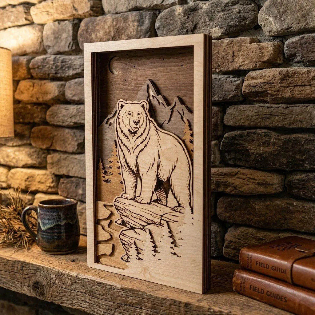 Bear Mountain 3D Layered SVG Laser Cut File, Multilayer Grizzly Shadow Box Wood Wall Art, Glowforge Cricut Digital Download