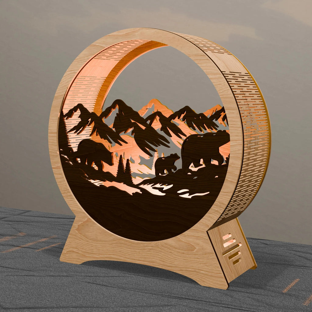 Bear Mountain Lamp Laser Cut Files SVG, 3D Layered Wildlife Night Light, Glowforge Wood Lantern DXF, Forest Scene Digital Download
