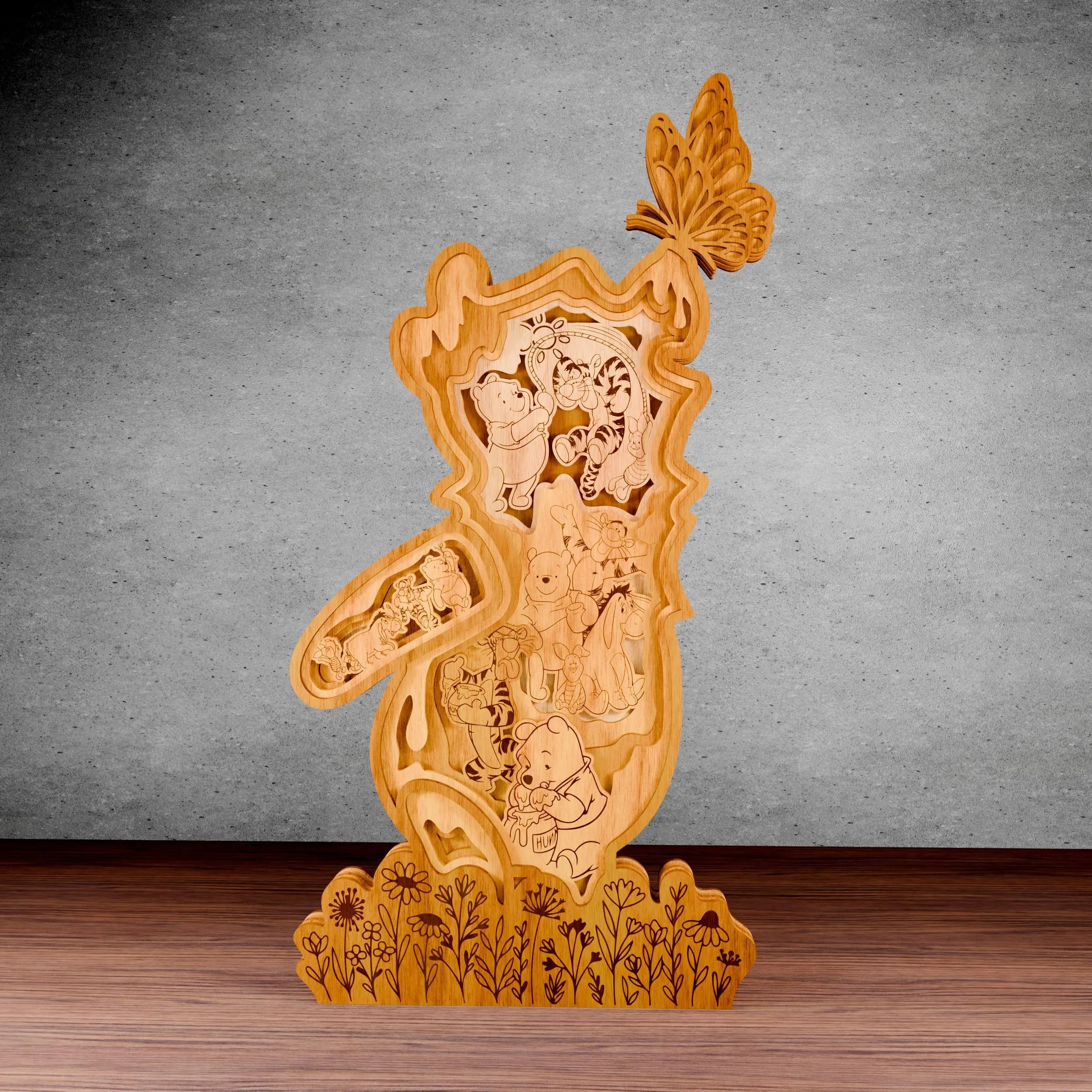 Honey Bear & Friends Multilayer Laser Cut SVG, Cute Bear Tiger & Piglet Forest 3D Layered Wood Art, Glowforge Nursery Decor Digital Download