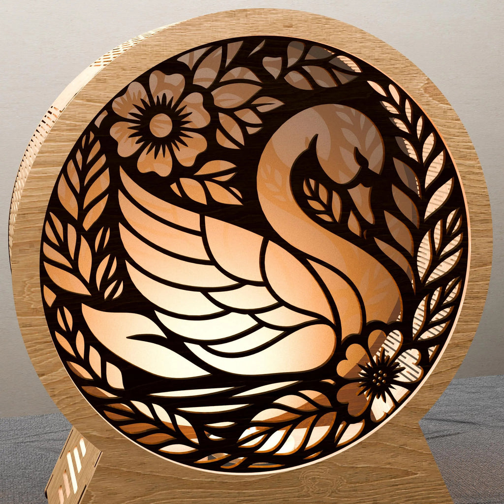 Swan Lamp SVG Laser Cut Files, 3D Round Wooden Night Light Template, Floral Swan Mandala Layered Cut File for Glowforge
