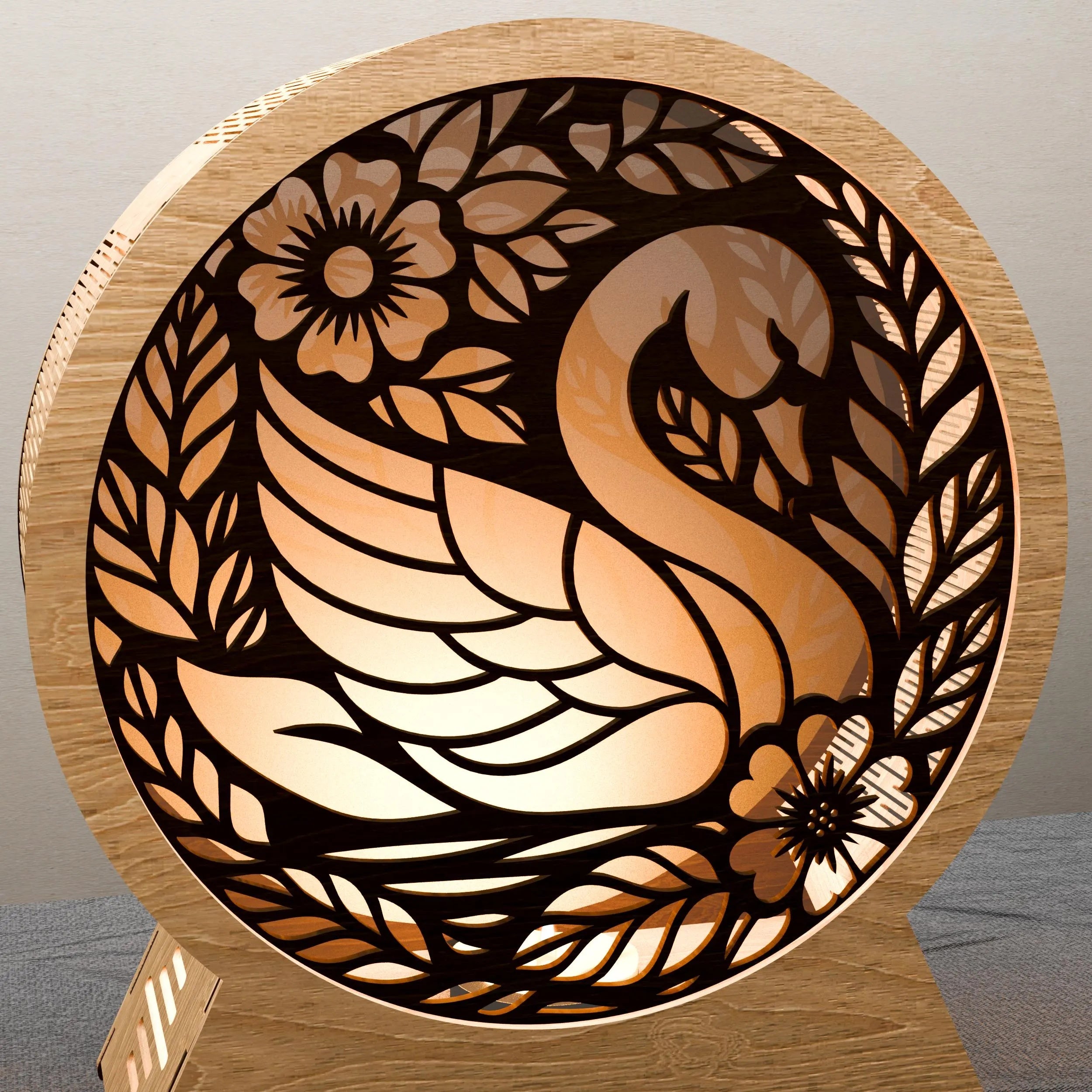 Swan Lamp SVG Laser Cut Files, 3D Round Wooden Night Light Template, Floral Swan Mandala Layered Cut File for Glowforge