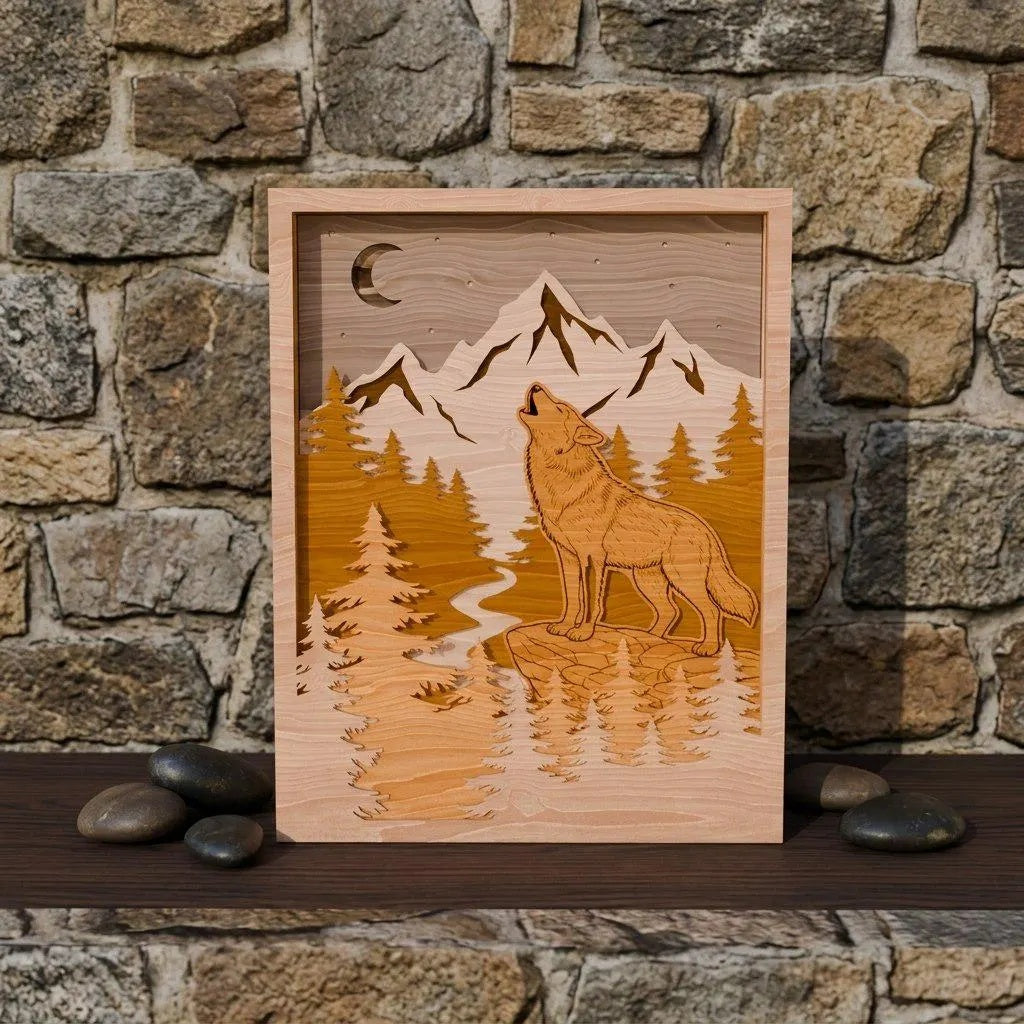 Howling Wolf Mountain Multilayer SVG Laser Cut File, 3D Layered Wolf Forest Shadow Box SVG, Glowforge Wood Wall Art Digital Download