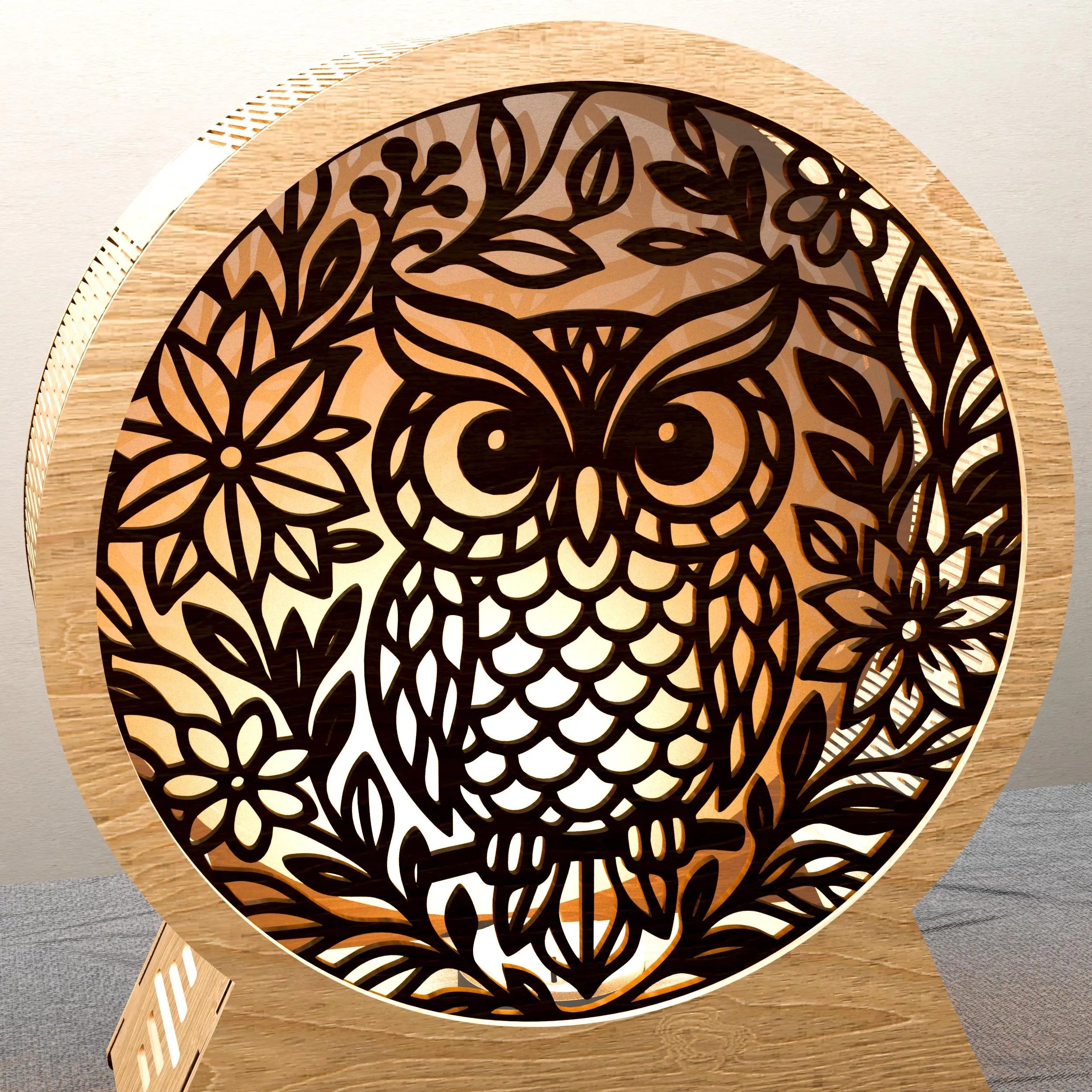 Owl Lamp Laser Cut Files SVG Bundle, 3D Round Wooden Night Light Digital Download, Floral Owl Mandala DXF CDR Vector