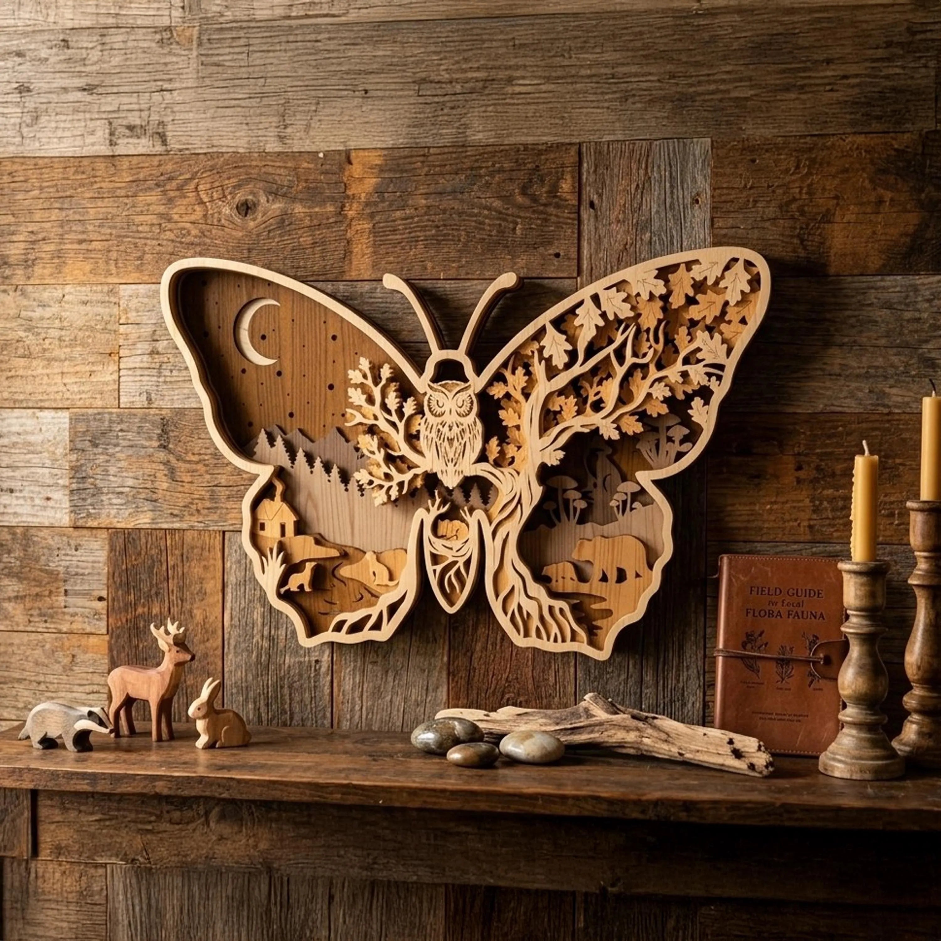 Multilayer Butterfly Owl Forest SVG Laser Cut File, 3D Layered Woodland Scene, Wall Art Glowforge Cricut Digital Download